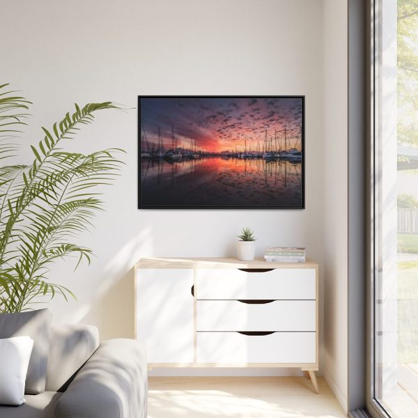 88289-493.jpg View of Pier With Boats at Sunset Framed Canvas