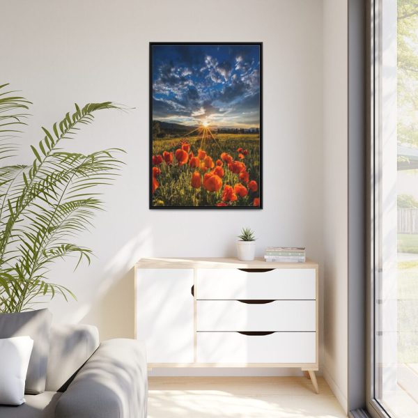 Sunset in Field With Red Wild Flowers Framed Canvas