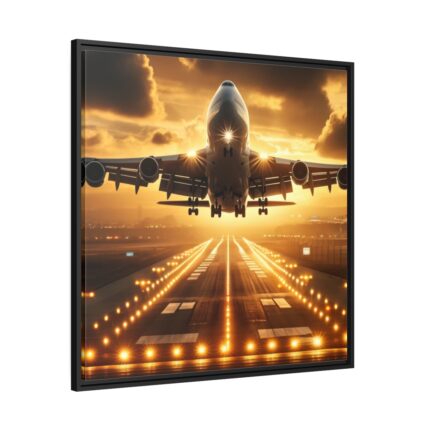 Airplane Taking Off From Runway at Sunset Framed Canvas