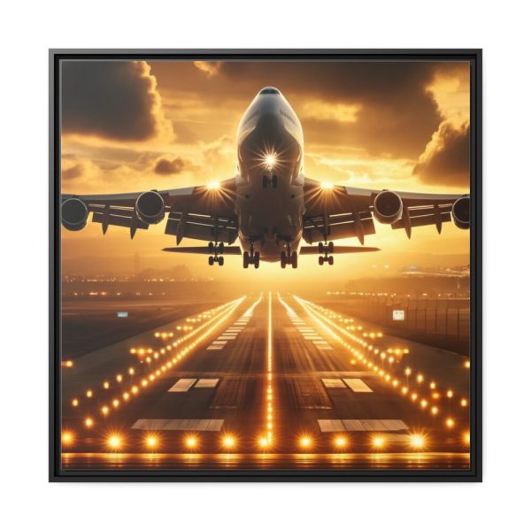 88302-56.jpg Airplane Taking Off From Runway at Sunset Framed Canvas