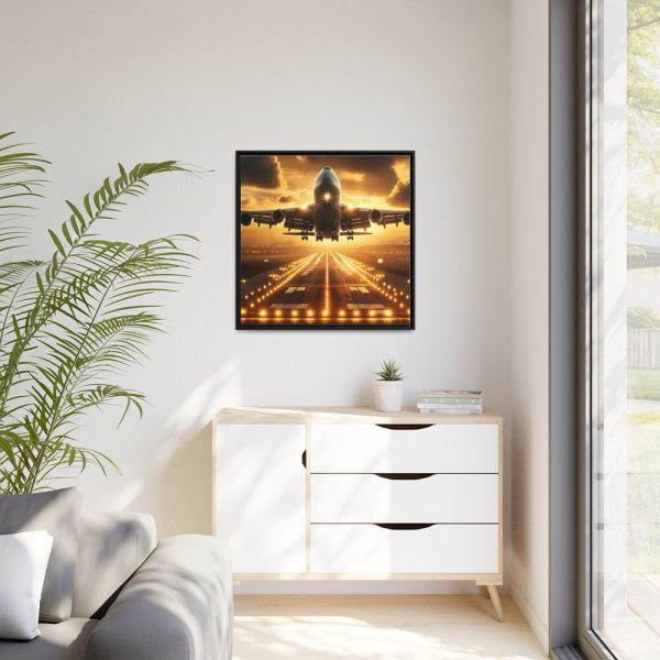 88302-58.jpg Airplane Taking Off From Runway at Sunset Framed Canvas
