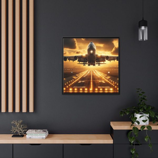88302-59.jpg Airplane Taking Off From Runway at Sunset Framed Canvas