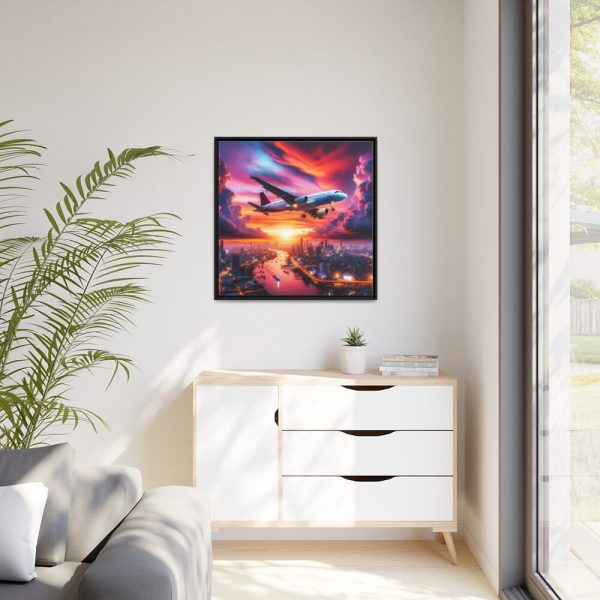 88302-63.jpg Large Airplane Flying During a Vibrant Sunset Framed Canvas