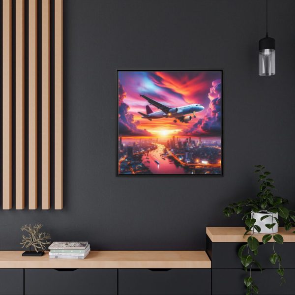 88302-64.jpg Large Airplane Flying During a Vibrant Sunset Framed Canvas