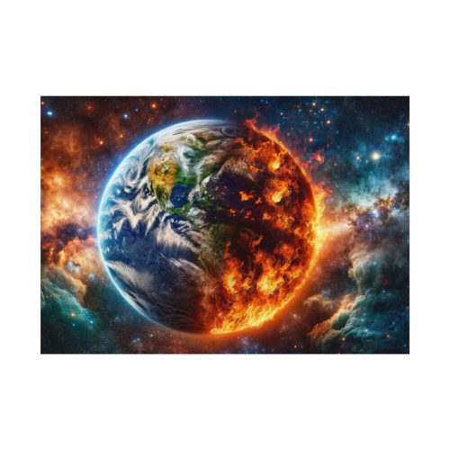 Planet's Fiery Destruction and Serene Beauty of Life Poster