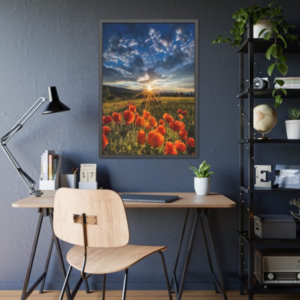 Sunset in Field With Red Wild Flowers Framed Poster