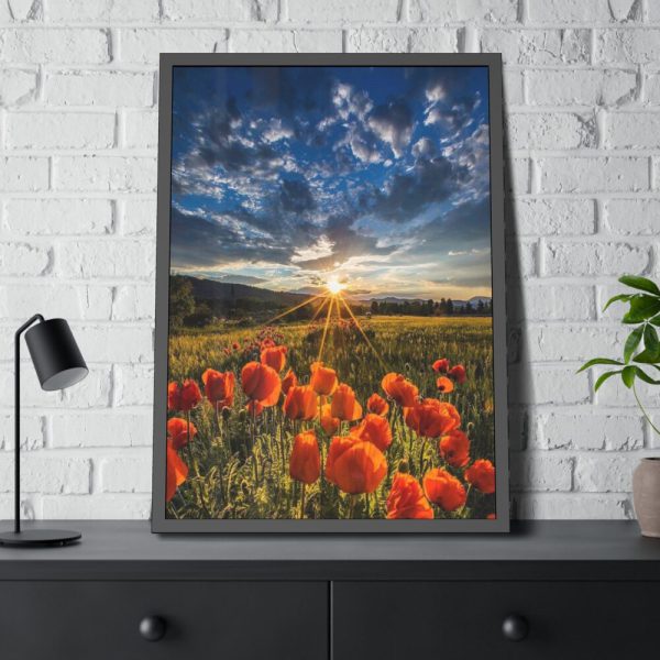 Sunset in Field With Red Wild Flowers Framed Poster