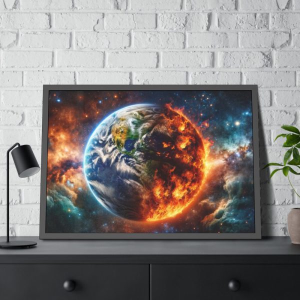 Planet's Fiery Destruction and Serene Beauty of Life Framed Poster