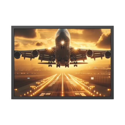 Airplane Taking Off From Runway at Sunset Framed Poster
