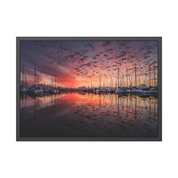 93854-448.jpg View of Pier With Boats at Sunset Framed Poster
