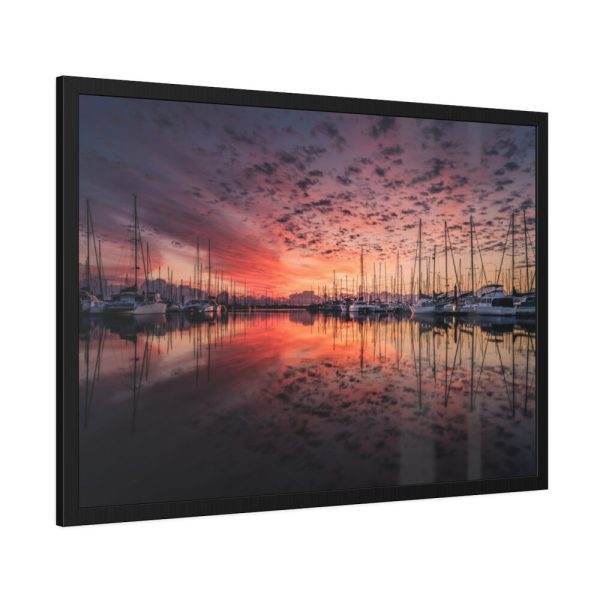 93854-449.jpg View of Pier With Boats at Sunset Framed Poster