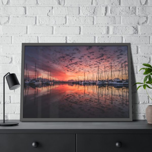 93854-451.jpg View of Pier With Boats at Sunset Framed Poster