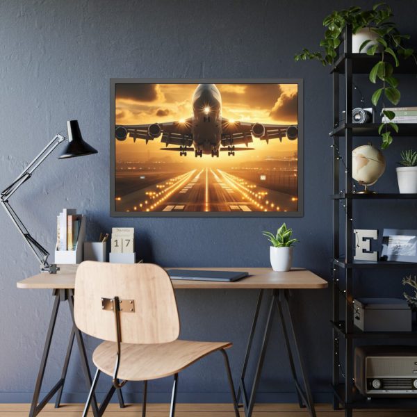 93855-314.jpg Airplane Taking Off From Runway at Sunset Framed Poster