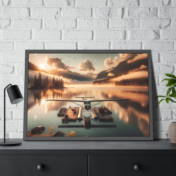 93855-323.jpg Floatplane Docked on Serene Lake at Sunrise Framed Poster