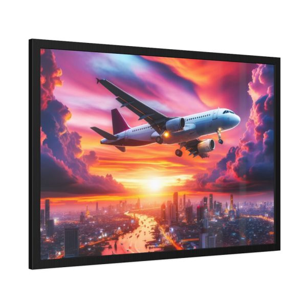 93855-325.jpg Large Airplane Flying During a Vibrant Sunset Framed Poster