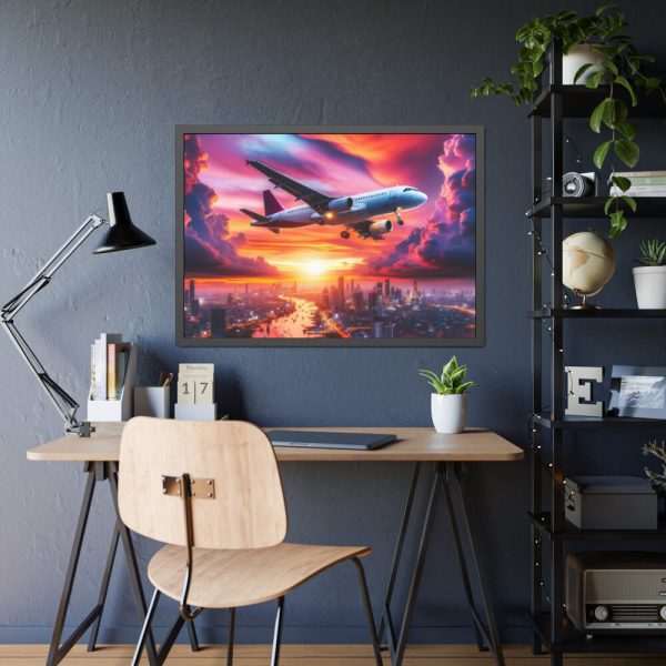 93855-326.jpg Large Airplane Flying During a Vibrant Sunset Framed Poster