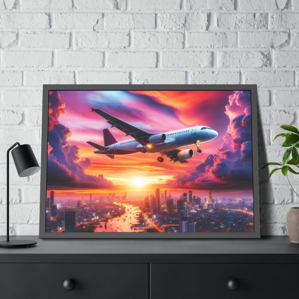 93855-327.jpg Large Airplane Flying During a Vibrant Sunset Framed Poster