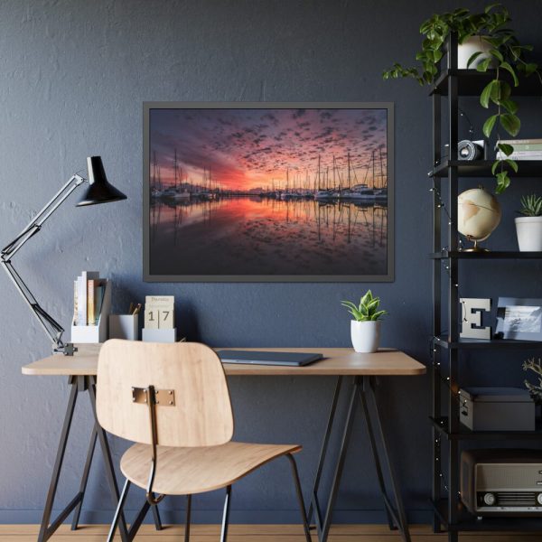 93855-450.jpg View of Pier With Boats at Sunset Framed Poster