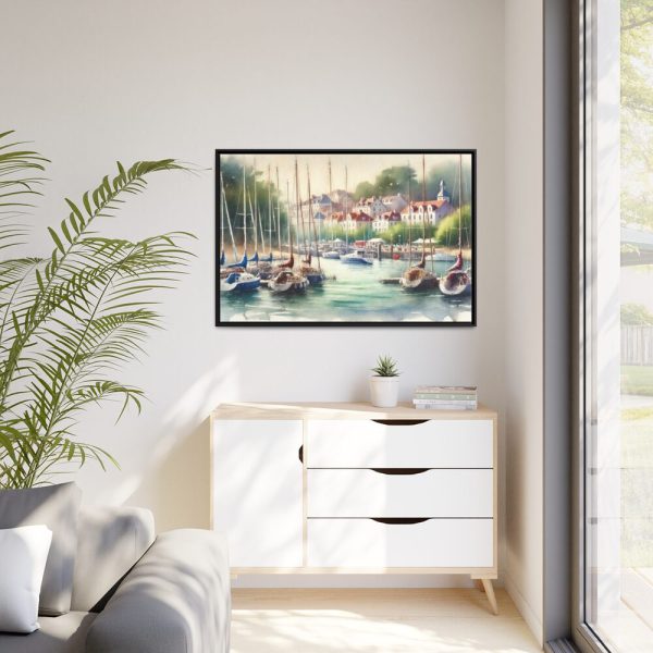 Coastal Scene With Sailboats in Marina Framed Canvas