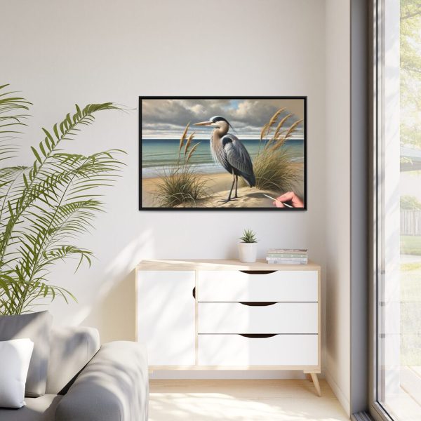 Heron on Sandy Beach Framed Canvas