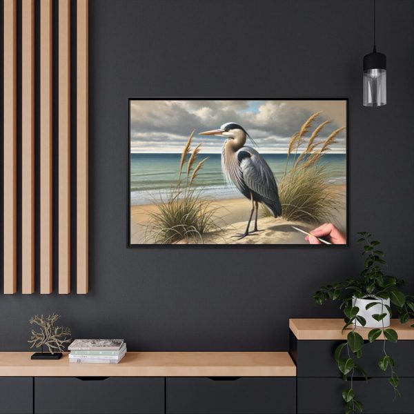 Heron on Sandy Beach Framed Canvas