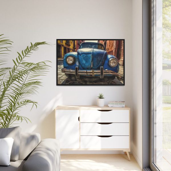 Front of a Rusty, Vintage, Blue Volkswagen Beetle Framed Canvas