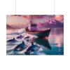Dolphins And Ship Art Print Poster