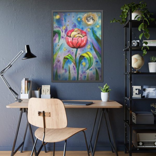 Tulip Flower and Mouse at Night Framed Poster