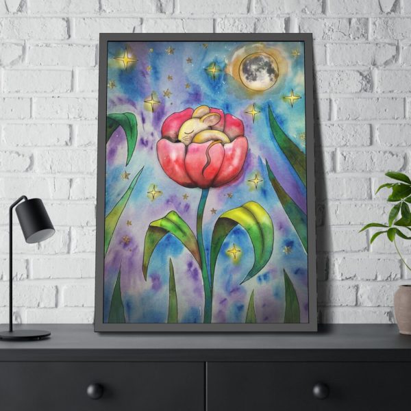Tulip Flower and Mouse at Night Framed Poster