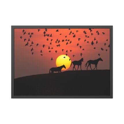 Horse Silhouette During Sunset Framed Poster