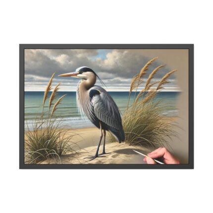 Heron on Sandy Beach Framed Poster