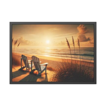 White Adirondack Chairs Facing the Ocean Framed Poster