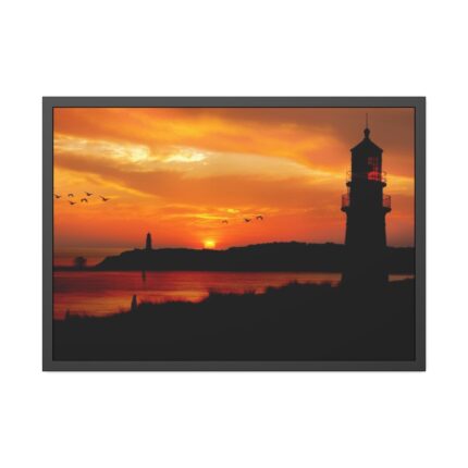 Sunset Ocean Lighthouse Silhouette Framed Poster