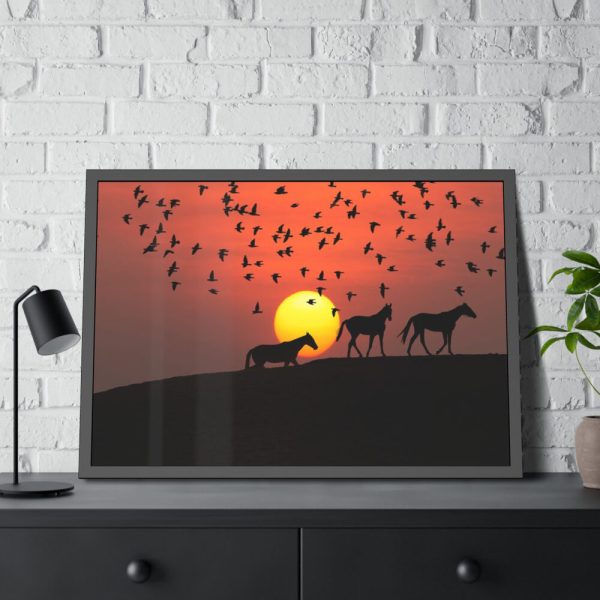 Horse Silhouette During Sunset Framed Poster