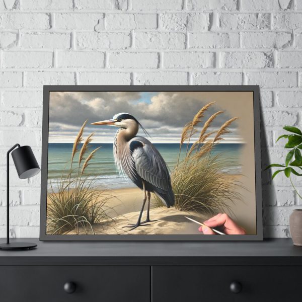 Heron on Sandy Beach Framed Poster