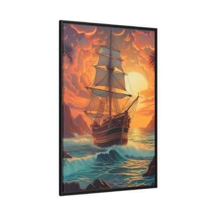 Vintage Pirate Ship At Sea Art Framed Canvas