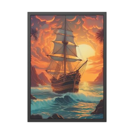 Vintage Pirate Ship At Sea Art Framed Poster