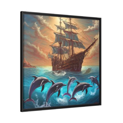 Dolphins And Ship Art Print Framed Canvas