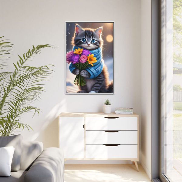 Kitten Cat With Bouquet Of Flowers Framed Canvas
