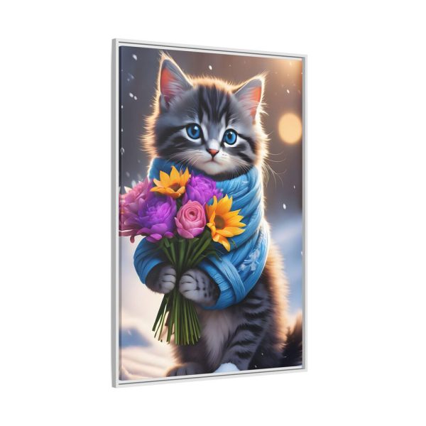 Kitten Cat With Bouquet Of Flowers Framed Canvas