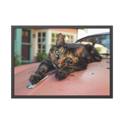Calico Cat On Car  Framed Poster