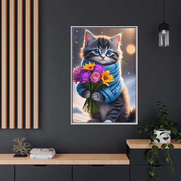 Kitten Cat With Bouquet Of Flowers Framed Canvas