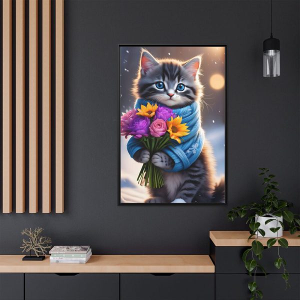 Kitten Cat With Bouquet Of Flowers Framed Canvas