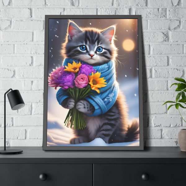 Kitten Cat With Bouquet Of Flowers Framed Poster