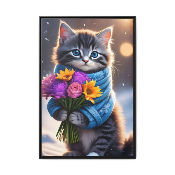 Kitten Cat With Bouquet Of Flowers Framed Canvas