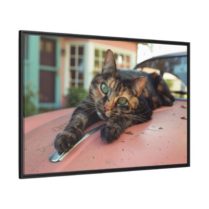 Calico Cat On Car Framed Canvas