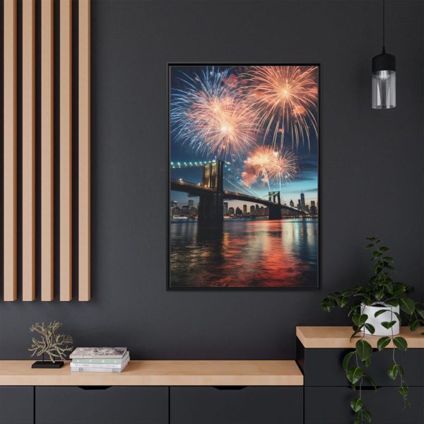 Brooklyn Bridge NYC Fireworks Framed Canvas