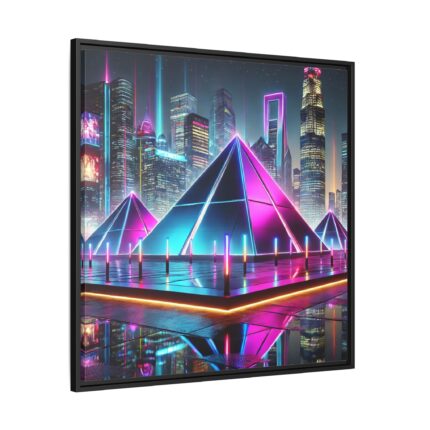 Pyramids Illuminated by Neon Lights Framed Canvas
