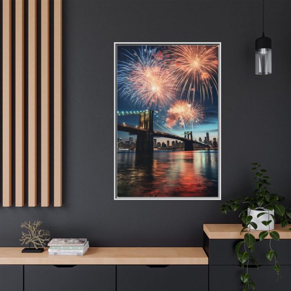 Brooklyn Bridge NYC Fireworks Framed Canvas