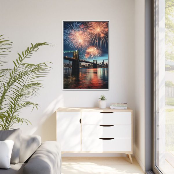 Brooklyn Bridge NYC Fireworks Framed Canvas
